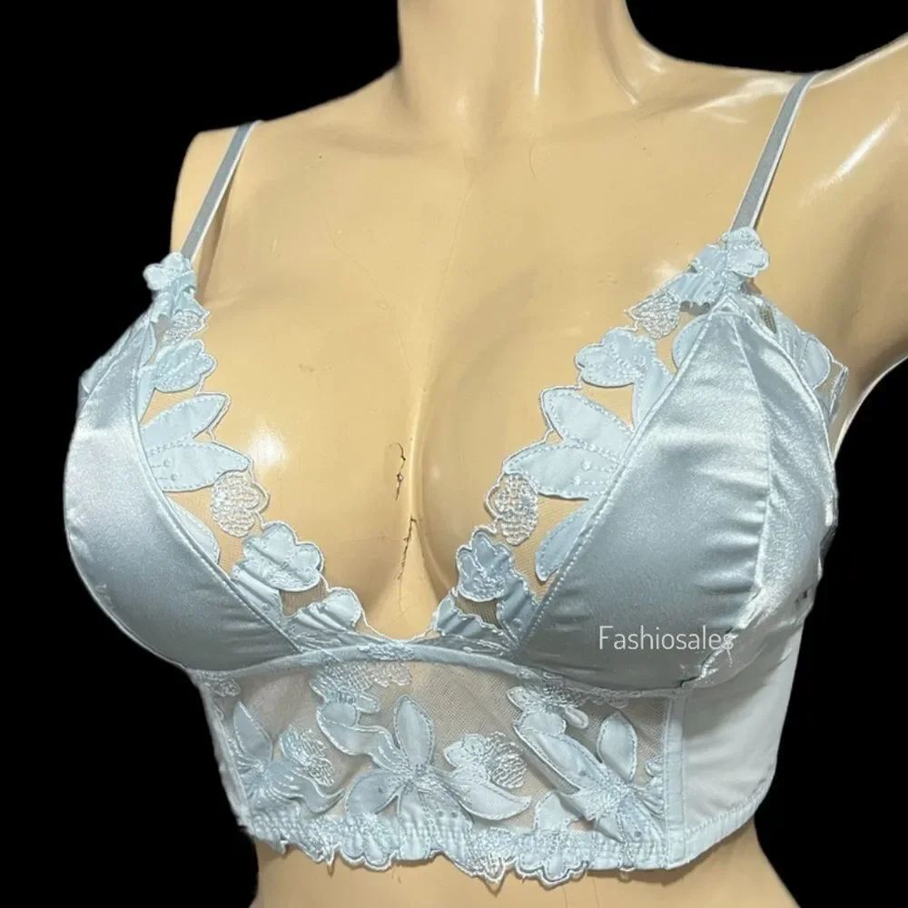 Victoria's Secret Luxe Lingerie Embroidered Satin Mesh Bralette Blue Xl